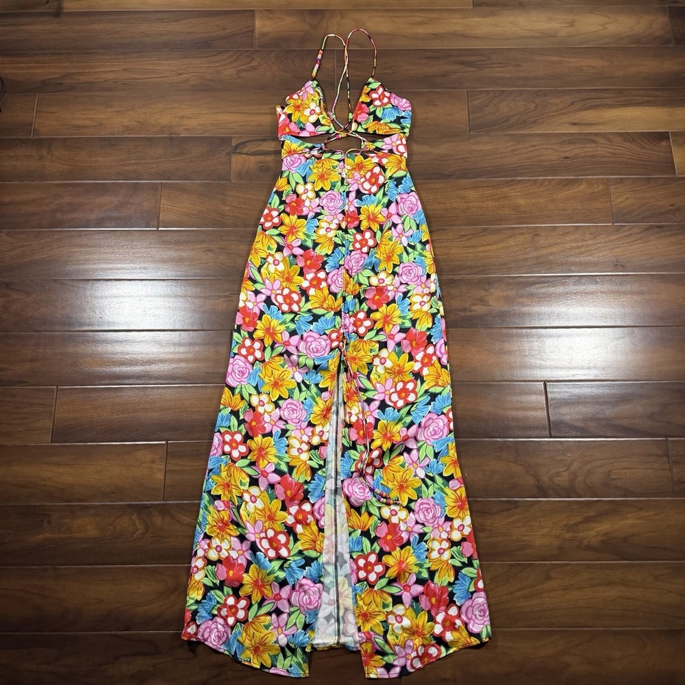 For Love & Lemons Women's Size Small Floral‎ Satin Cut Out Mallory Maxi Dress